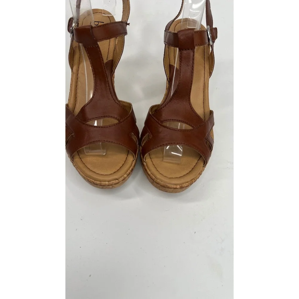 b.o.c.‎ Born Concept Brown Leather T-Strap Cork Wedge Sandals Comfort Strappy 10